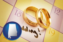 alabama map icon and wedding day plans, with gold wedding rings