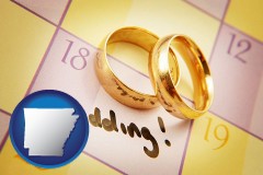 arkansas map icon and wedding day plans, with gold wedding rings