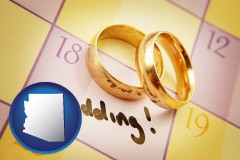 arizona map icon and wedding day plans, with gold wedding rings