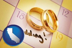 california map icon and wedding day plans, with gold wedding rings