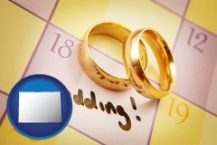 colorado map icon and wedding day plans, with gold wedding rings