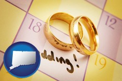 connecticut map icon and wedding day plans, with gold wedding rings