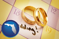 florida map icon and wedding day plans, with gold wedding rings