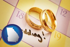 georgia map icon and wedding day plans, with gold wedding rings