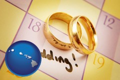 hawaii map icon and wedding day plans, with gold wedding rings
