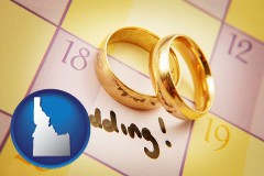 idaho map icon and wedding day plans, with gold wedding rings