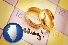 illinois map icon and wedding day plans, with gold wedding rings