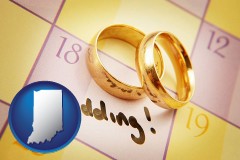 indiana map icon and wedding day plans, with gold wedding rings