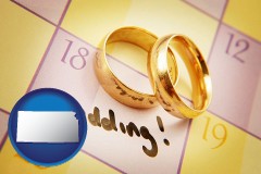kansas map icon and wedding day plans, with gold wedding rings