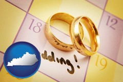 kentucky map icon and wedding day plans, with gold wedding rings