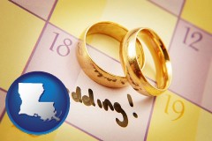 louisiana map icon and wedding day plans, with gold wedding rings