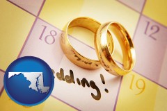 maryland map icon and wedding day plans, with gold wedding rings