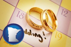 minnesota map icon and wedding day plans, with gold wedding rings