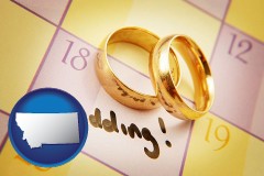 montana map icon and wedding day plans, with gold wedding rings