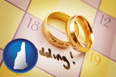 new-hampshire map icon and wedding day plans, with gold wedding rings