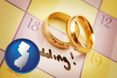 new-jersey map icon and wedding day plans, with gold wedding rings