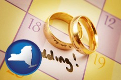 new-york map icon and wedding day plans, with gold wedding rings