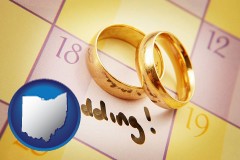 ohio map icon and wedding day plans, with gold wedding rings