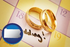 pennsylvania map icon and wedding day plans, with gold wedding rings