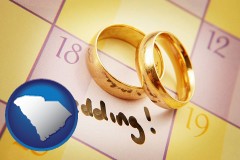 south-carolina map icon and wedding day plans, with gold wedding rings