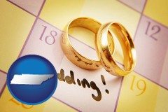 tennessee map icon and wedding day plans, with gold wedding rings