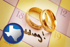 texas map icon and wedding day plans, with gold wedding rings