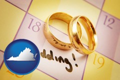virginia map icon and wedding day plans, with gold wedding rings