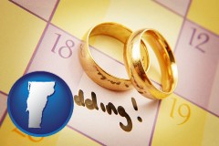 vermont map icon and wedding day plans, with gold wedding rings