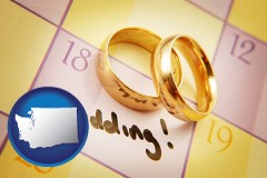 washington map icon and wedding day plans, with gold wedding rings