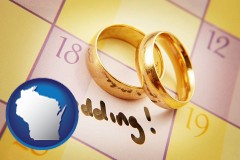 wisconsin map icon and wedding day plans, with gold wedding rings