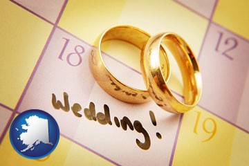 wedding day plans, with gold wedding rings - with Alaska icon