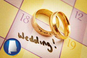 wedding day plans, with gold wedding rings - with Alabama icon
