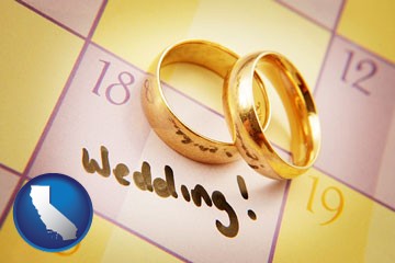 wedding day plans, with gold wedding rings - with California icon