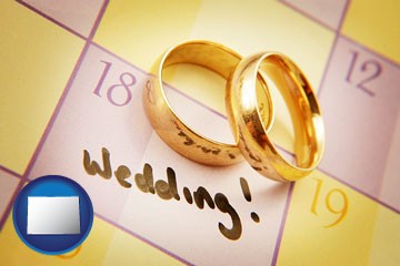 wedding day plans, with gold wedding rings - with Colorado icon