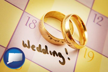 wedding day plans, with gold wedding rings - with Connecticut icon