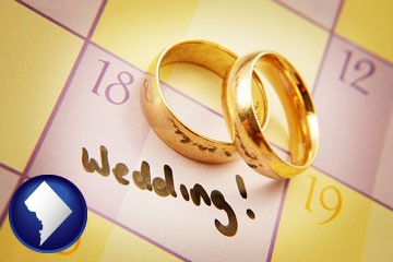 wedding day plans, with gold wedding rings - with Washington, DC icon