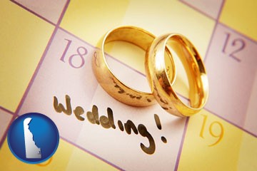 wedding day plans, with gold wedding rings - with Delaware icon