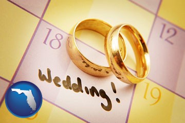 wedding day plans, with gold wedding rings - with Florida icon