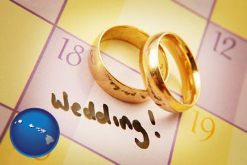 wedding day plans, with gold wedding rings - with Hawaii icon