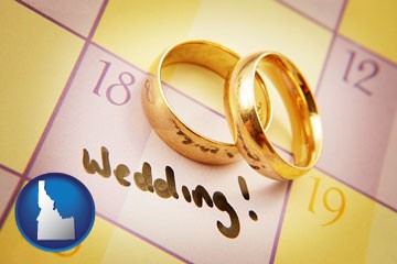 wedding day plans, with gold wedding rings - with Idaho icon