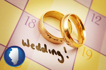 wedding day plans, with gold wedding rings - with Illinois icon