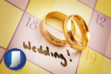 wedding day plans, with gold wedding rings - with Indiana icon