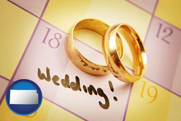 wedding day plans, with gold wedding rings - with Kansas icon
