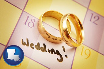 wedding day plans, with gold wedding rings - with Louisiana icon