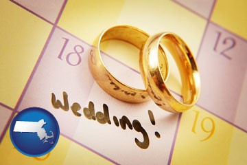 wedding day plans, with gold wedding rings - with Massachusetts icon