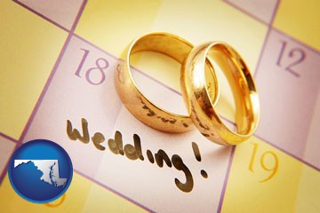 wedding day plans, with gold wedding rings - with Maryland icon