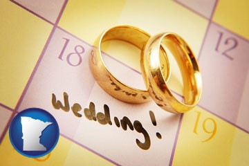 wedding day plans, with gold wedding rings - with Minnesota icon