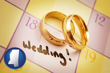 wedding day plans, with gold wedding rings - with Mississippi icon