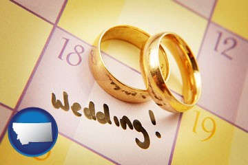 wedding day plans, with gold wedding rings - with Montana icon