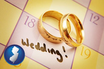 wedding day plans, with gold wedding rings - with New Jersey icon